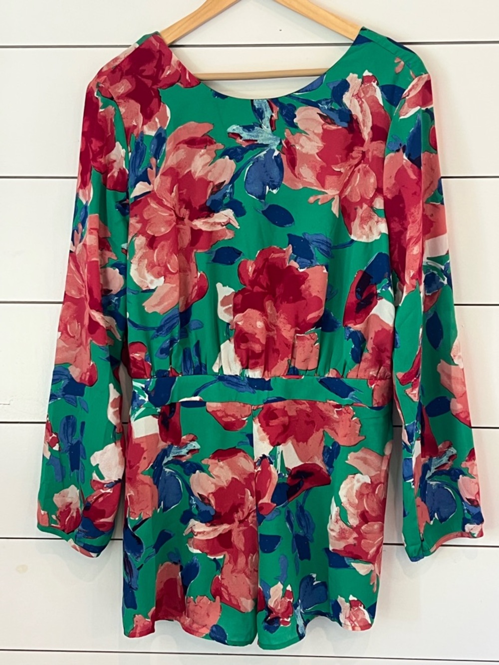 Lulu's Sweetest Song Green‎ Floral Long-Sleeve Romper with Bold Multicolor Print